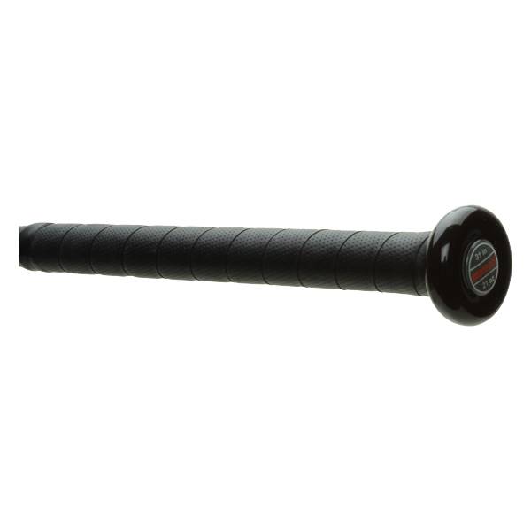 Side view of a black baseball bat with a perforated grip and a circular end cap showing 31 in and 21 oz.