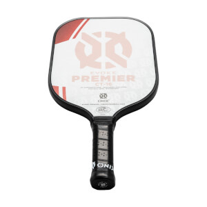 Front view of a white and red pickleball paddle with EVOKE PREMIER CT-16 text and a black grip.