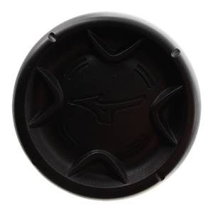 Top-down view of a black baseball bat end cap with the Mizuno logo and textured grip pattern.