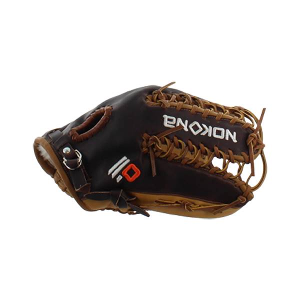 Side view of a brown baseball glove with white Nokona text and an orange square logo.