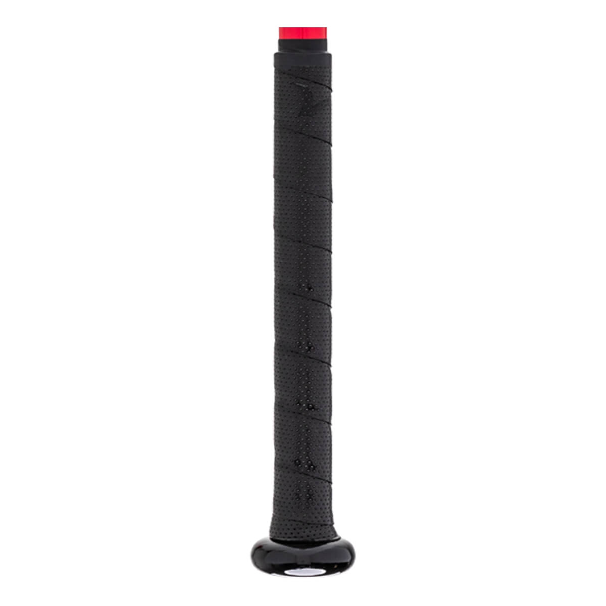 Close-up of a black baseball bat grip with a red end cap and a glossy black knob.