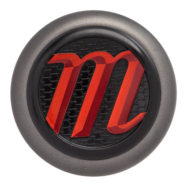 Top-down view of a gray baseball bat end cap with a black textured insert and red m logo.