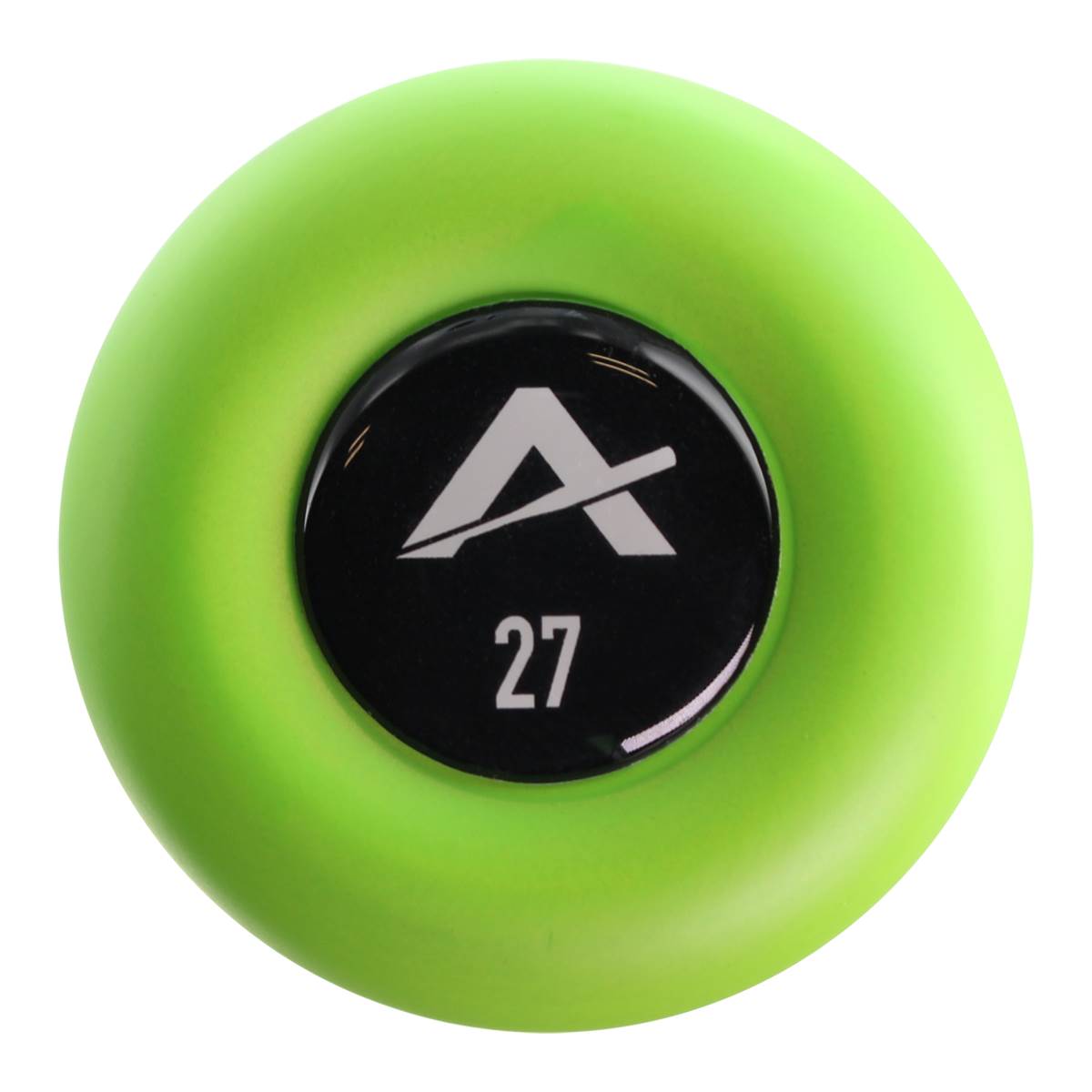 Top-down view of a lime green softball bat with a black end cap featuring a white A logo and the number 27.