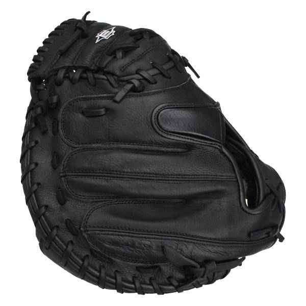 Front view of a black Easton catchers mitt with a white logo and detailed stitching.
