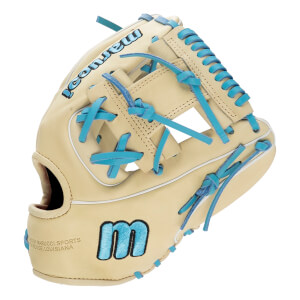 Side view of a tan baseball glove with blue lacing and a blue m logo.