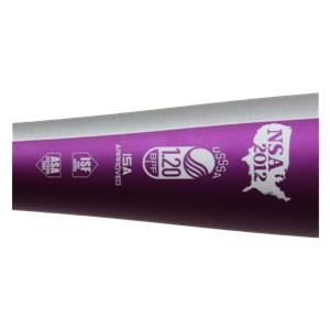 Side view of a purple fastpitch softball bat with NSA 2012, USSSA, and 1.20 BPF logos.