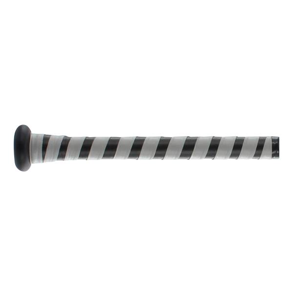 Side view of a black baseball bat with a white and black striped grip.