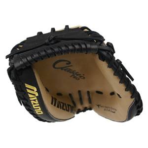 Inside view of a black and tan catchers mitt with Classic Pro and Mizuno branding.