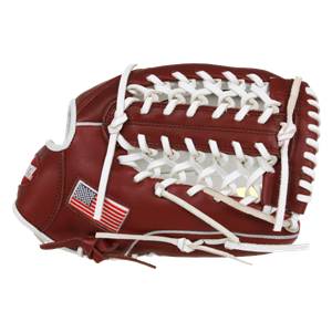 Side view of a maroon baseball glove with white lacing and an American flag patch.