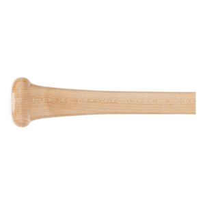 Side view of a light wood baseball bat with a rounded knob and engraved text.