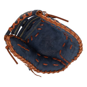 Top-down view of a blue baseball glove with brown lacing and Rawlings branding.
