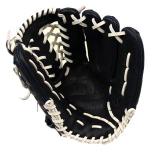 Interior view of a black baseball glove with white lacing and embossed Mizuno MVP Prime logo.