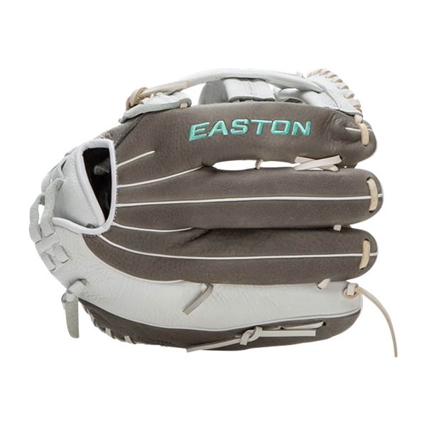 Angled front view of a dark gray and white softball glove featuring EASTON in teal lettering and white lacing.