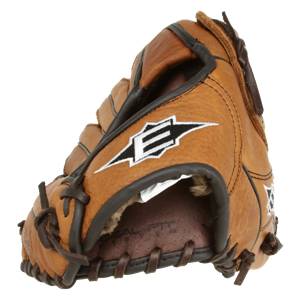 Side view of a brown baseball glove with white Easton logo and leather lacing.