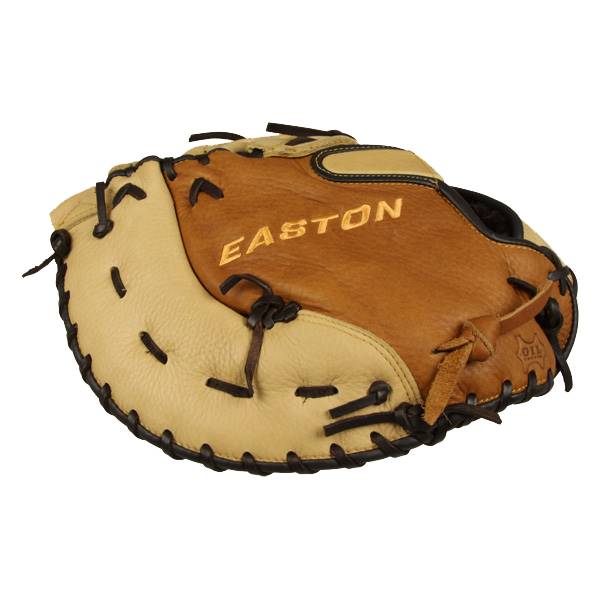Top-down view of a tan and brown Easton first base mitt with EASTON branding and a small OIL stamp.