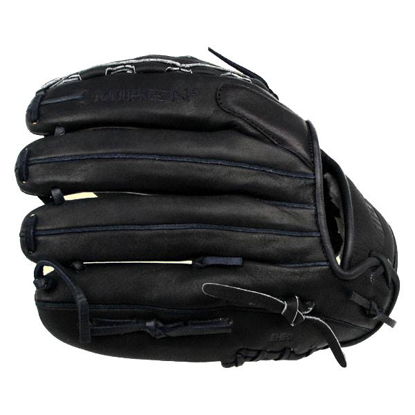 Side view of a black baseball glove with MIKEN embossed on the top and EPB1175B visible on the palm.