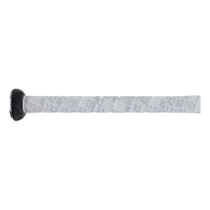 Close-up view of the bat handle features a black rounded knob and white grip tape with a repeating light gray R logo pattern.