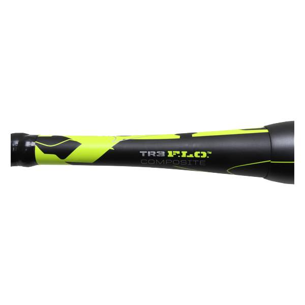 Side view of a black baseball bat with neon yellow graphics and TR3 F.L.O.™ COMPOSITE text.