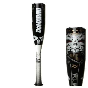 Side view of a black DeMarini Voodoo baseball bat with white branding and a skull graphic.