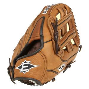 Corner view of a tan baseball glove with EASTON text and white E logos.