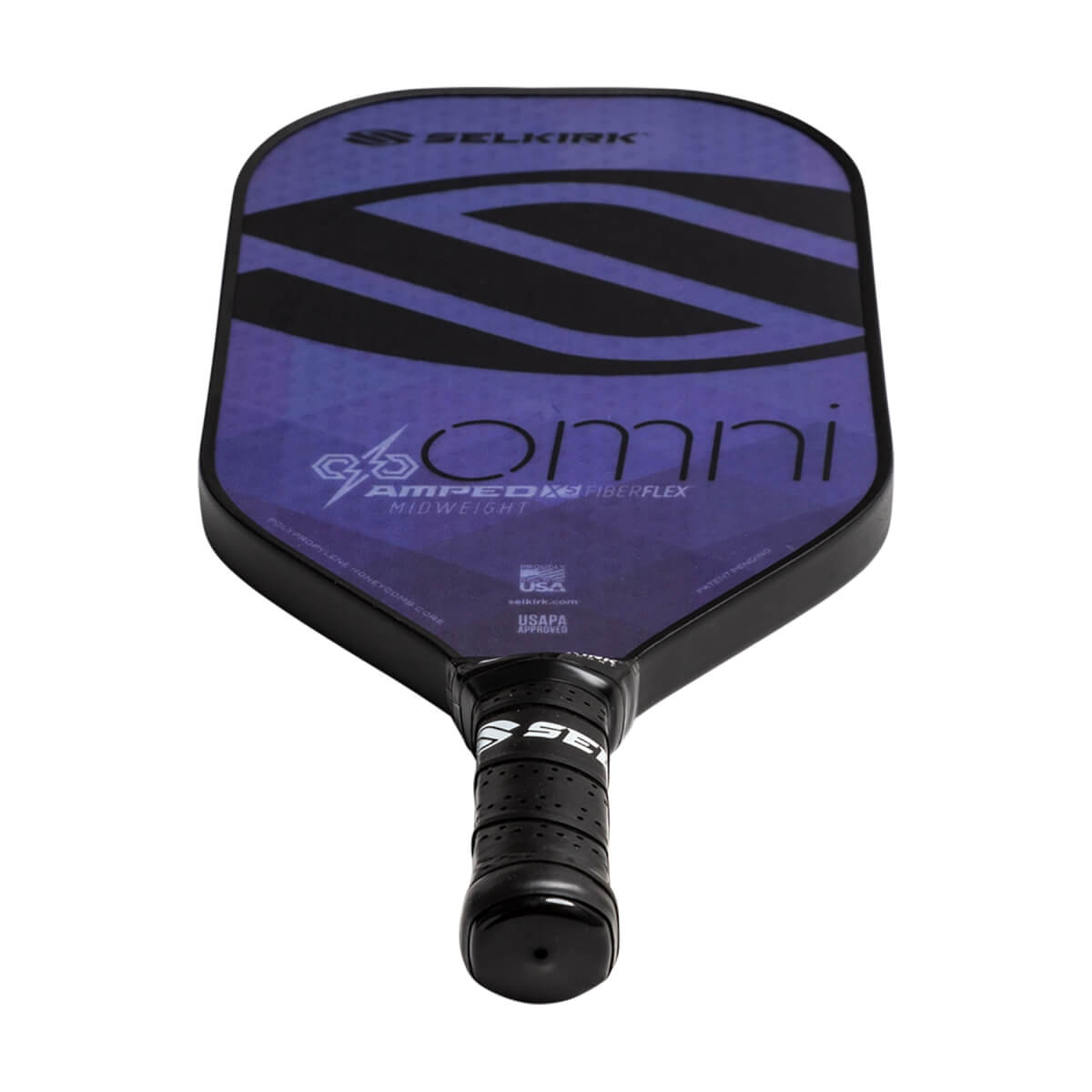 Top-down view of a purple Selkirk Amped Omni pickleball paddle with black stripes and USAPA approval.