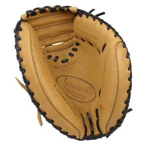 Inside view of a tan Louisville Slugger catchers mitt with black lacing and Bruise-Guard Padding text.