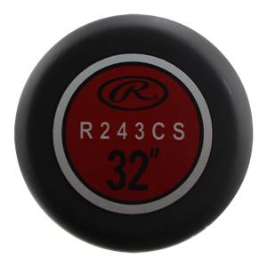 Top-down view of a black baseball bat end cap with red circular logo, R 243 CS, and 32.