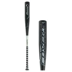 Side view of a black baseball bat with white Mizuno branding and a silver grip.