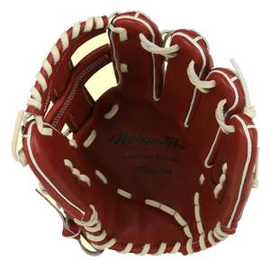 Top-down view of a red Mizuno Pro baseball glove with white lacing and Mizuno Pro Limited Edition text.