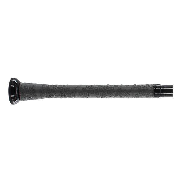 Close-up of a black baseball bat grip with a repeating pattern and the DeMarini logo.