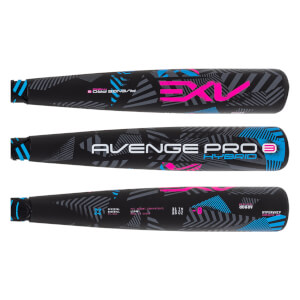 Full side view of a black baseball bat with pink AXE logo, white Avenge Pro 3 Hybrid text, and blue/grey geometric patterns.