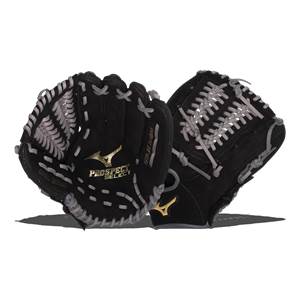 Front view of a black baseball glove with gold Mizuno logo and gray lacing.