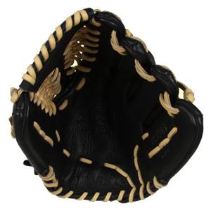 Inside view of a black baseball glove with tan lacing and MIKEN logo.