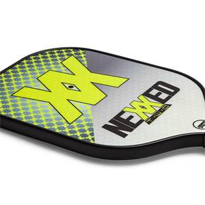 Corner view of a gray and yellow pickleball paddle with a large XX graphic and NEXXED T-WO text.