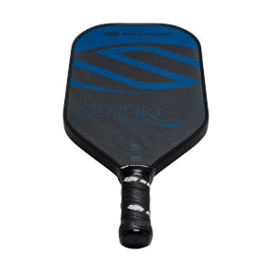 Top-down view of a black pickleball paddle with blue Selkirk logo and omni text.