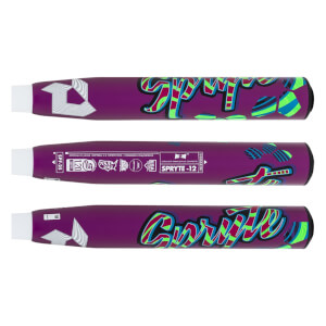 Three side views of a purple DeMarini Spryte softball bat barrel featuring colorful teal graffiti "SPRYTE" lettering and official league certification stamps.