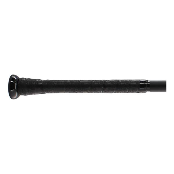 Side view of a black baseball bat with a textured grip and a rounded end cap.