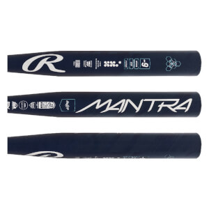 Three views of a navy blue softball bat with white Mantra text and Rawlings logo.