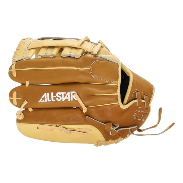 Side view of a tan fastpitch softball glove with ALL-STAR branding and tan lacing.