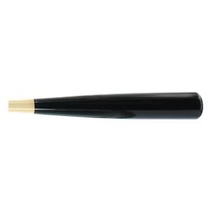 Side view of a black baseball bat with a natural wood knob.