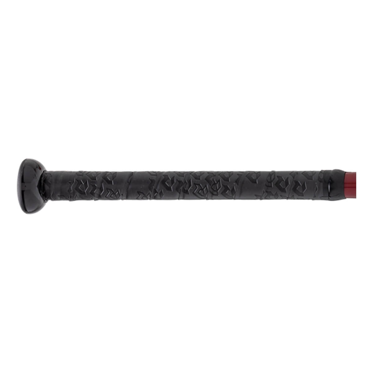 Side view of a black baseball bat with a textured grip and red end cap.