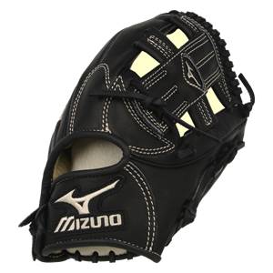Front view of a black Mizuno glove with white stitching and a logo.