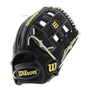 Front view of a black Wilson A2000 glove with yellow stitching and A2000 and Wilson branding.