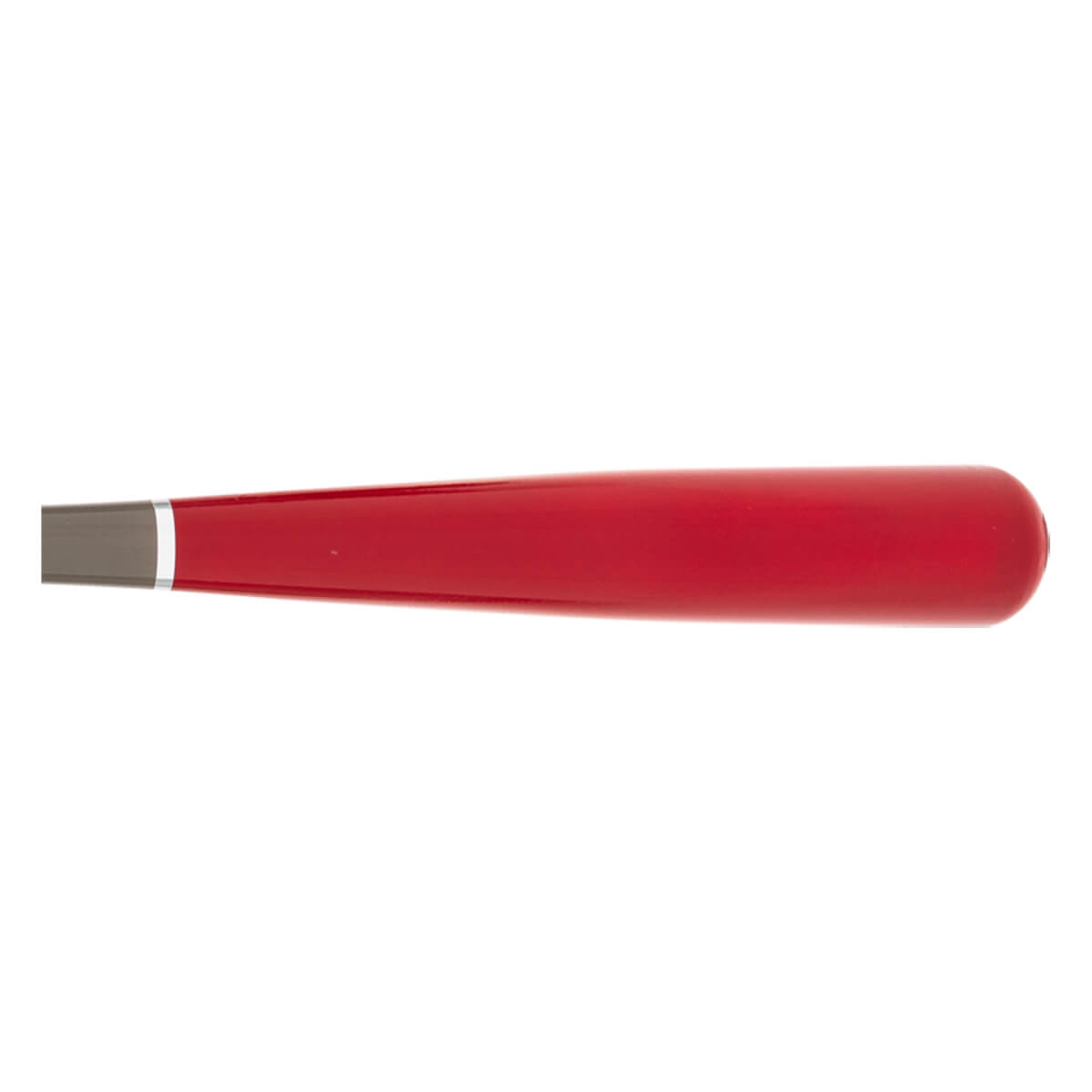 Side view of a red baseball bat with a gray knob and silver ring.