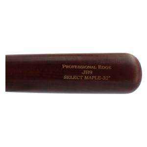Close-up of a brown maple baseball bat with PROFESSIONAL EDGE JB9 SELECT MAPLE-32 text.