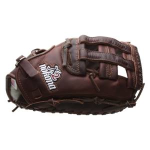 Side view of a brown baseball glove with Nokona X2 branding and a webbed pocket.