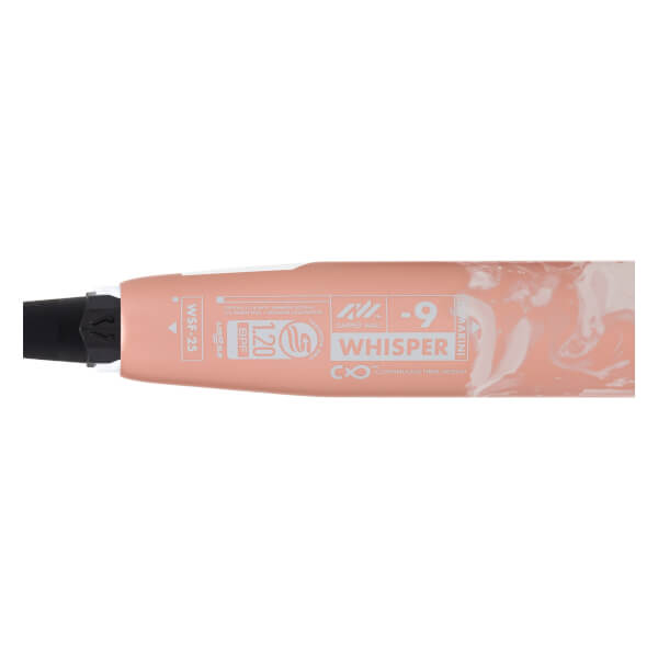 Close-up of a peach fastpitch softball bat with WHISPER -9 branding, WSP-23 text, and white marbled design.