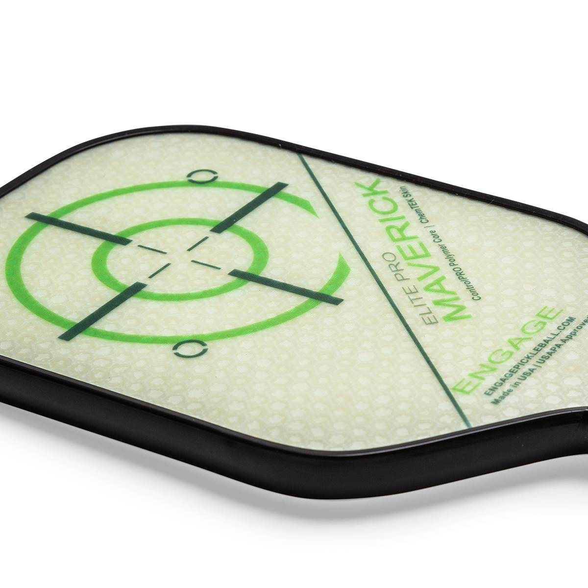 Corner view of a white pickleball paddle with green target design and Maverick Elite Pro branding.