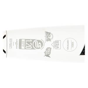 Side view of a white fastpitch softball bat with USSSA, ISA, and USA Softball certifications.