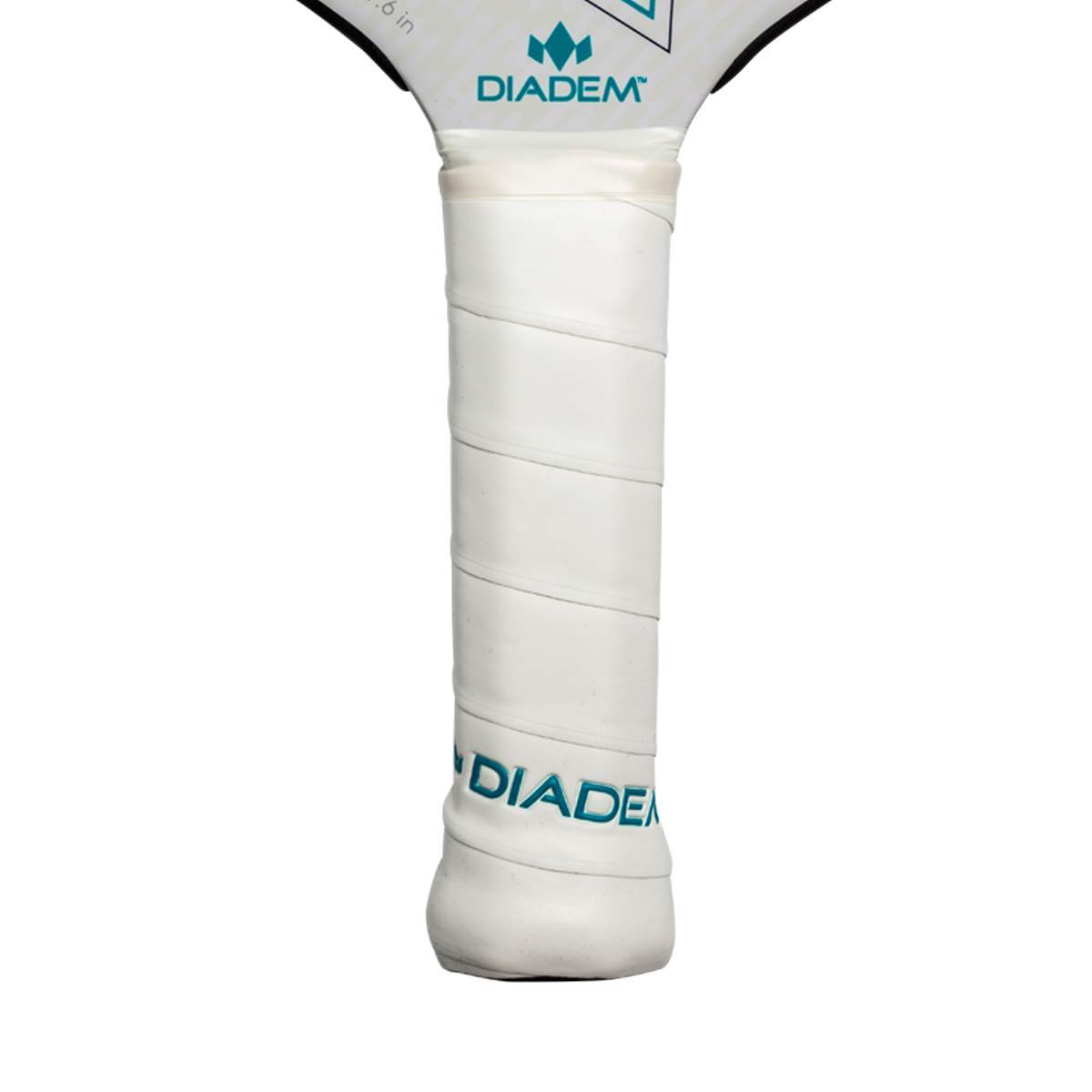 Close-up of a white pickleball paddle grip with DIADEM branding.